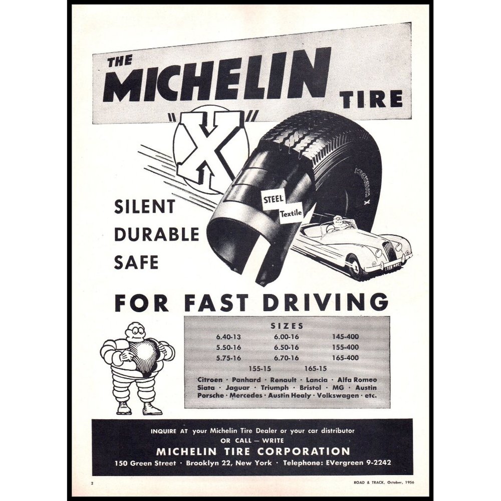 1956 Michelin "X" Tire For Fast Driving Bibendum in Convertible Vintage Print Ad